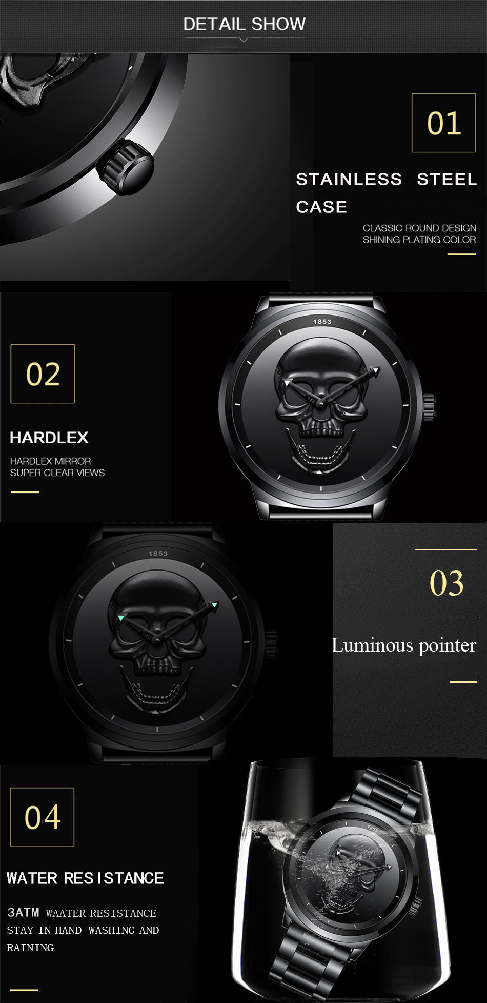 Men's 3D Skull Quartz Watch - Fashionable, Waterproof, and Multi-Function