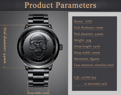 Men's 3D Skull Quartz Watch - Fashionable, Waterproof, and Multi-Function