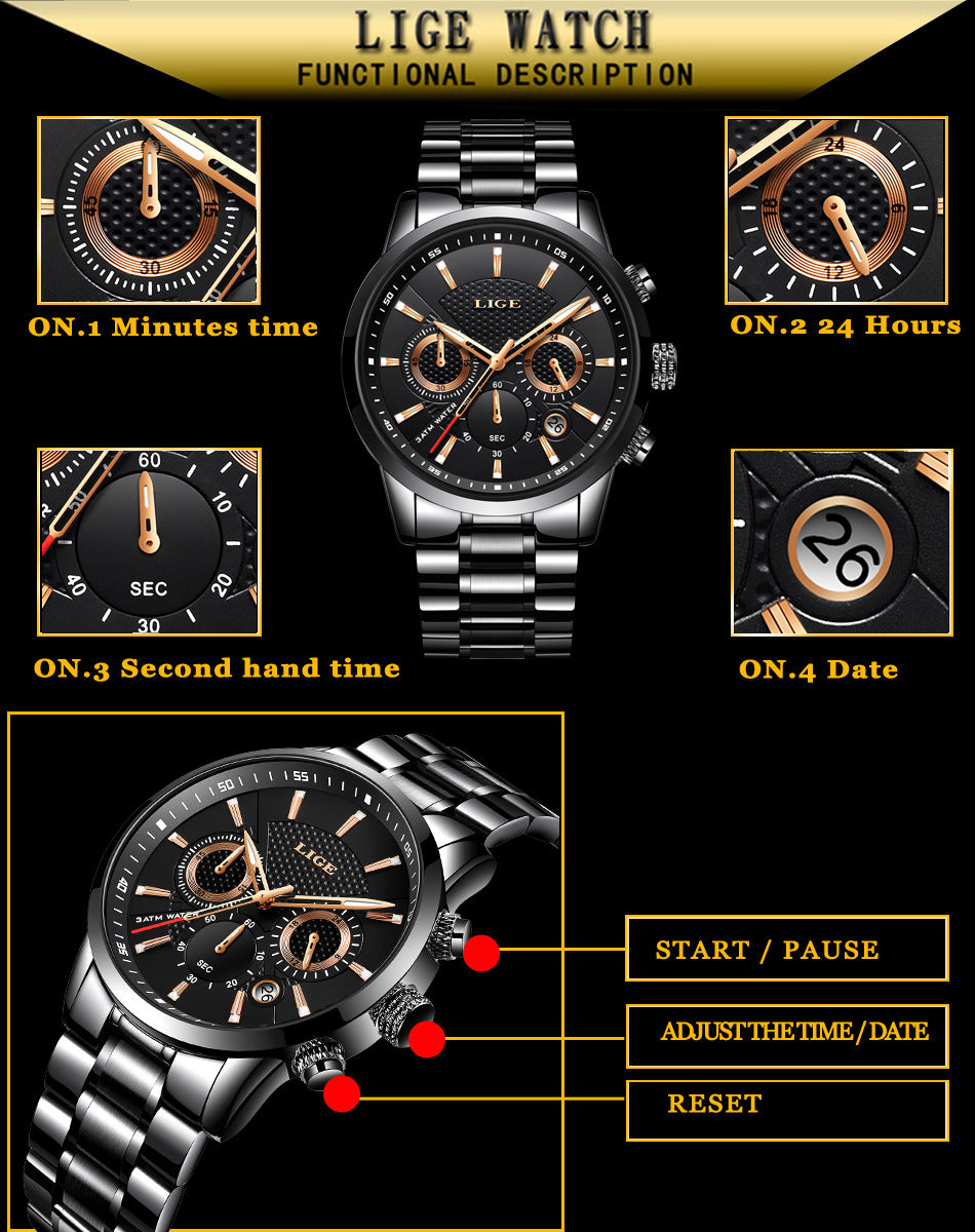 Premium Men's Sports Quartz Watch - Waterproof, Stainless Steel, Multi-Function Business Timepiece