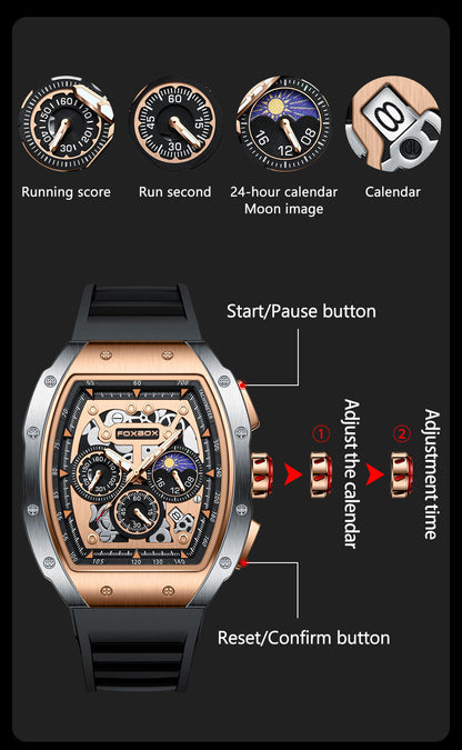 Men's Multi-Function Waterproof Digital Watch - Moon Phase, Calendar, Skeleton Dial, 30M Water Resistance