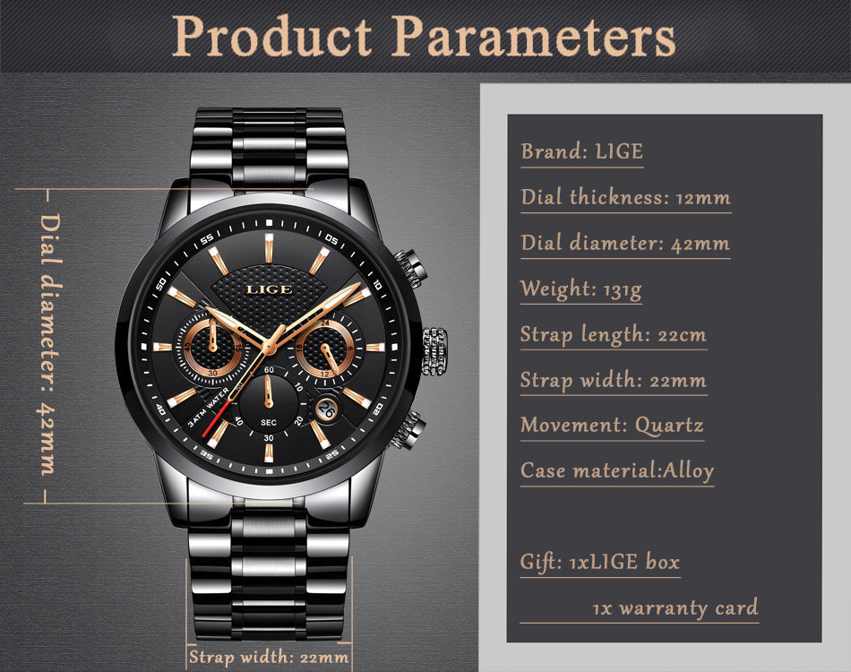 Premium Men's Sports Quartz Watch - Waterproof, Stainless Steel, Multi-Function Business Timepiece