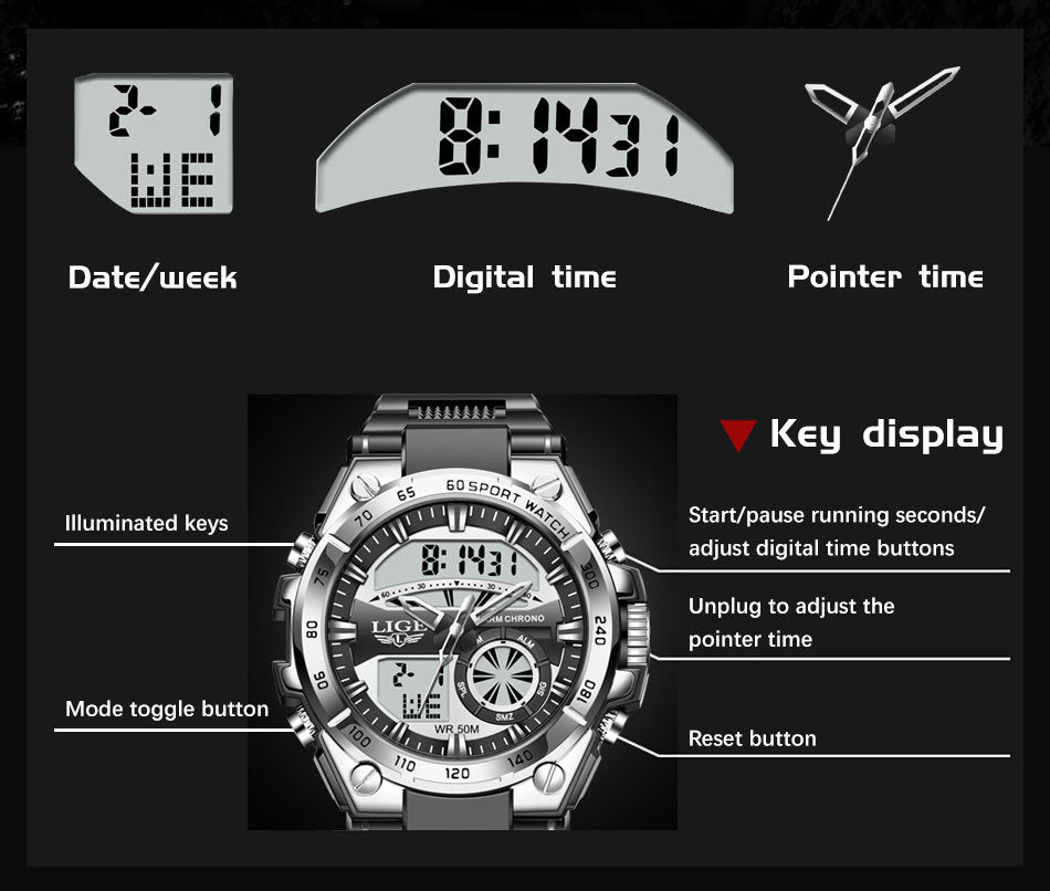 Multi-Function Sports Watch for Students - Dual Display, Stopwatch, Alarm, Day Display, 30M Waterproof