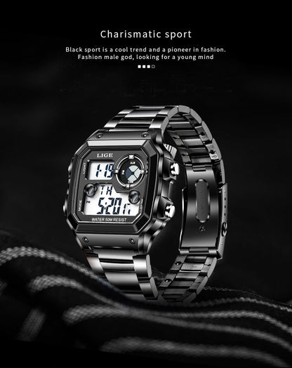 Luminous Digital Watch with Chronograph and Alarm - 30M Waterproof, Rectangular Dial