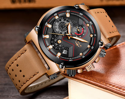 Men's Business Waterproof Leather Watch - Luminous Dial, Quartz Movement