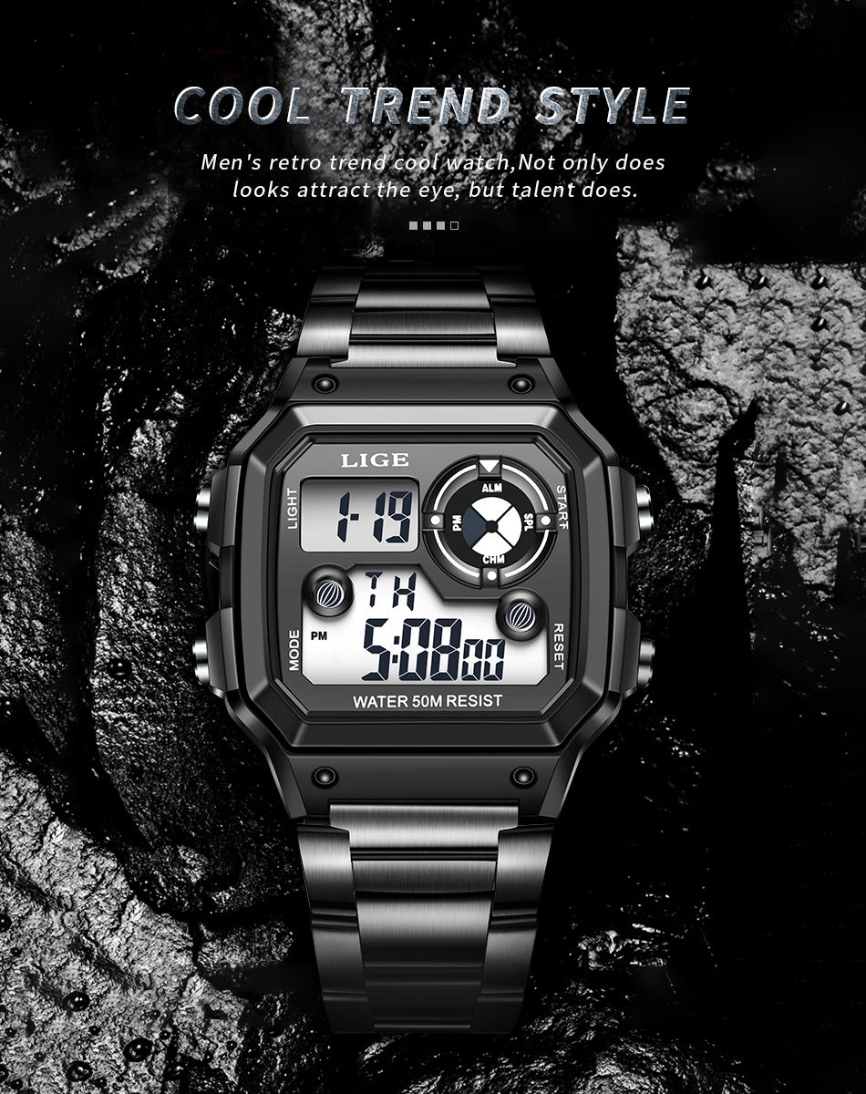 Luminous Digital Watch with Chronograph and Alarm - 30M Waterproof, Rectangular Dial