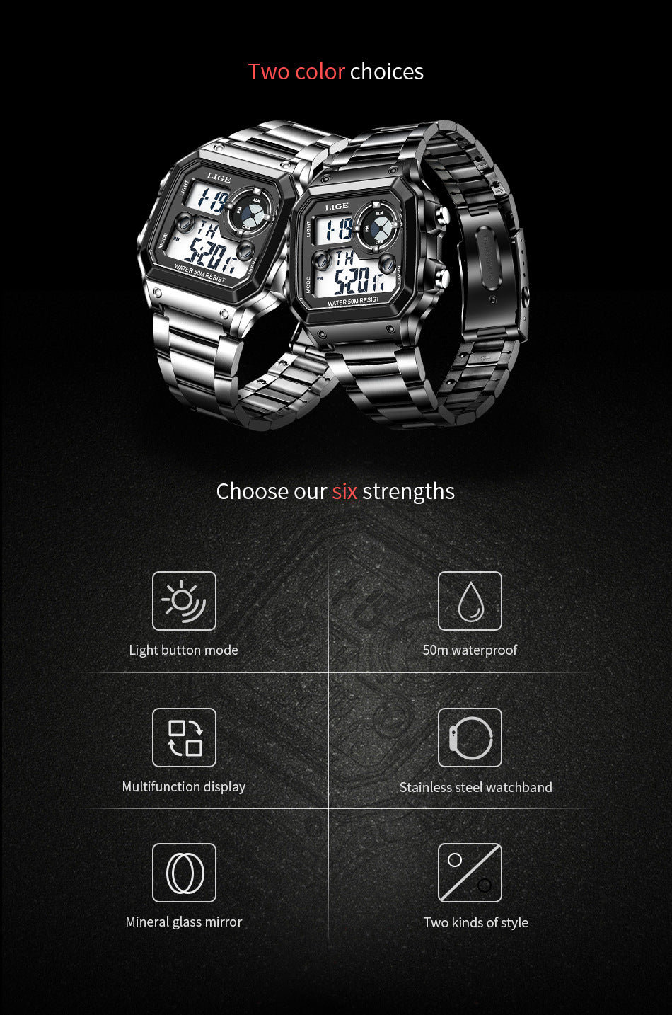 Luminous Digital Watch with Chronograph and Alarm - 30M Waterproof, Rectangular Dial