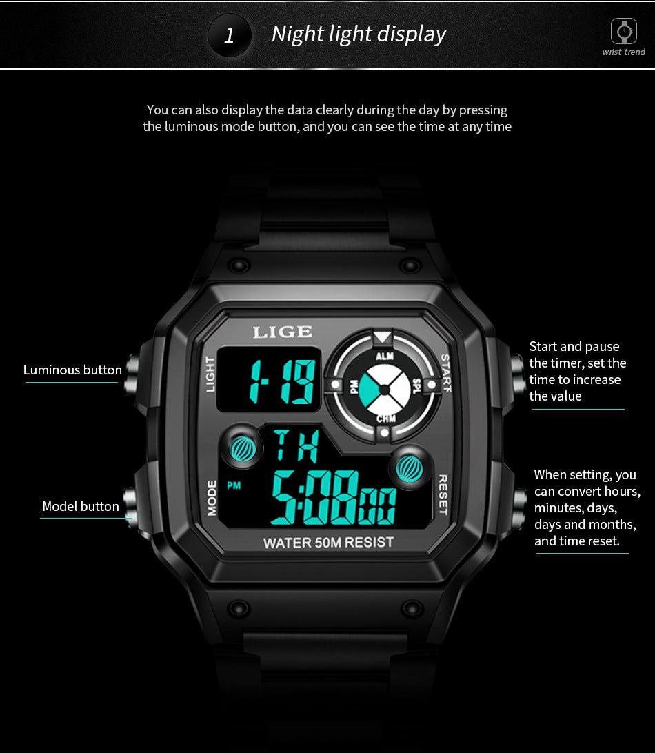 Luminous Digital Watch with Chronograph and Alarm - 30M Waterproof, Rectangular Dial