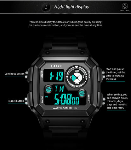 Luminous Digital Watch with Chronograph and Alarm - 30M Waterproof, Rectangular Dial