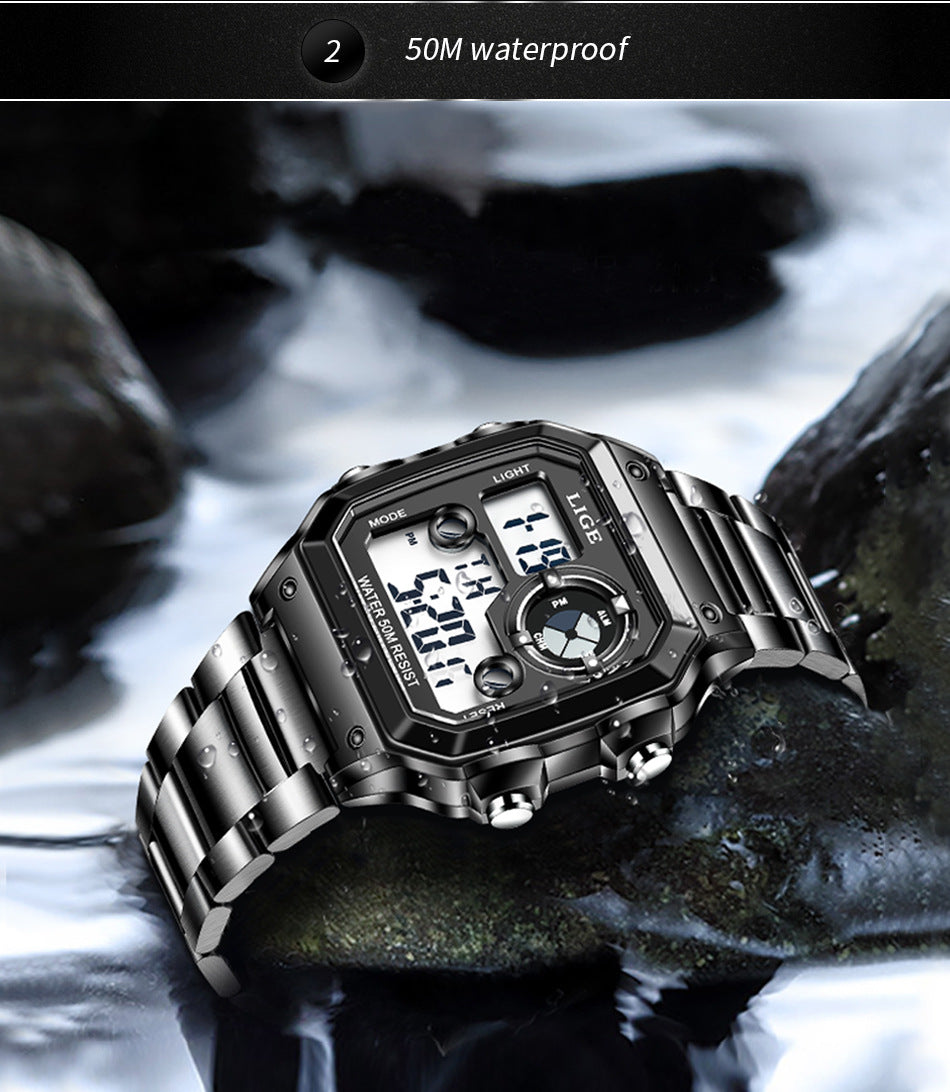 Luminous Digital Watch with Chronograph and Alarm - 30M Waterproof, Rectangular Dial