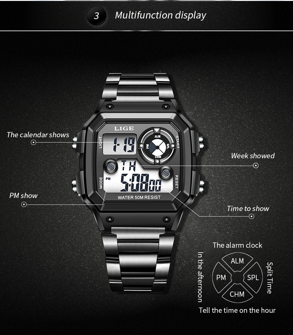 Luminous Digital Watch with Chronograph and Alarm - 30M Waterproof, Rectangular Dial