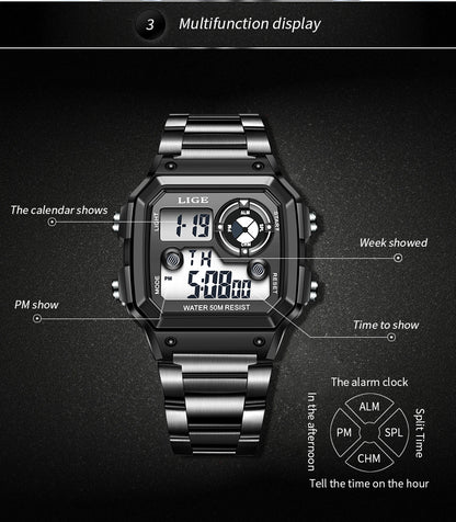 Luminous Digital Watch with Chronograph and Alarm - 30M Waterproof, Rectangular Dial