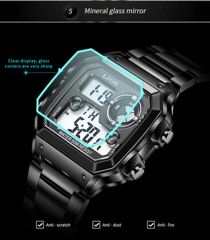 Luminous Digital Watch with Chronograph and Alarm - 30M Waterproof, Rectangular Dial