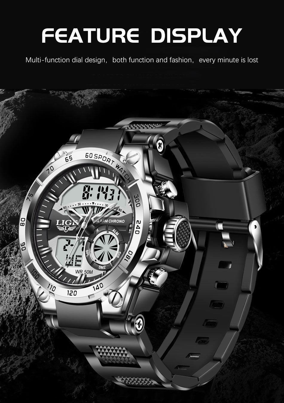 Multi-Function Sports Watch for Students - Dual Display, Stopwatch, Alarm, Day Display, 30M Waterproof