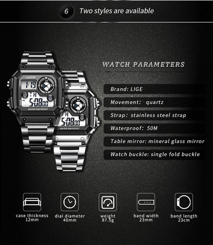 Luminous Digital Watch with Chronograph and Alarm - 30M Waterproof, Rectangular Dial